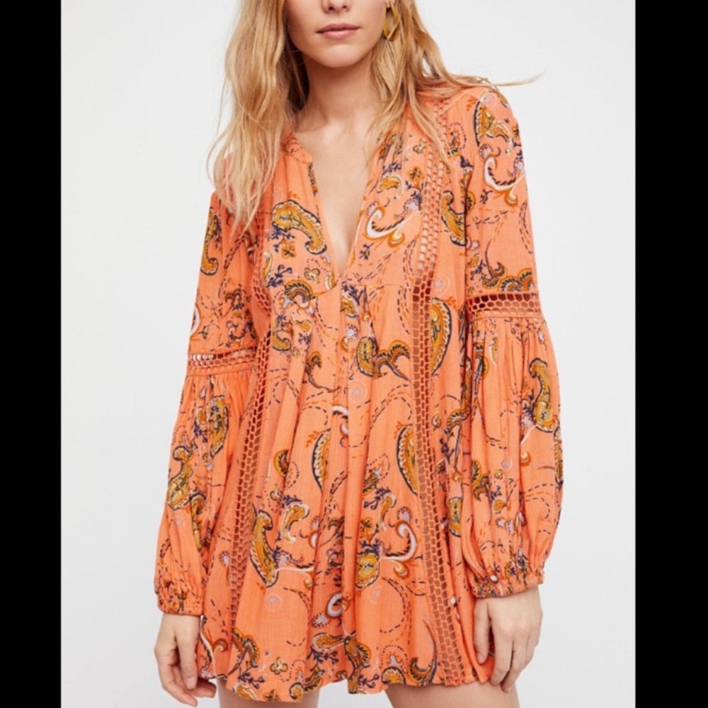 Free People *Flaw Tunic Mini Just The Two Of Us Paisley Orange XS Boho Whimsical